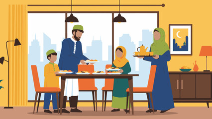 Illustrative scene of a multi-generational Muslim family dining together at home, celebrating tradition and togetherness with food and drink