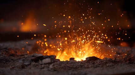 Fiery sparks erupt from a glowing ember bed illuminating the darkness with intense heat and light