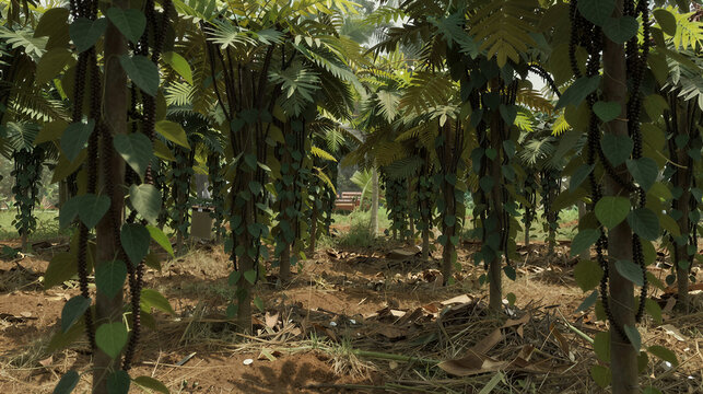 Cinematic wide shot of a sunlit Indian spice farm with rows of cardamom plants and pepper vines climbing trees