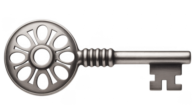 Antique Silver Key vintage metallic isolated on a transparent background - Powered by Adobe