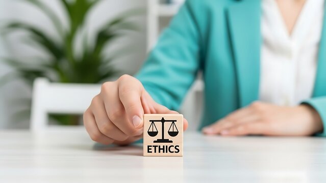 Businesswoman holding wooden block with ethics symbol on desk in office