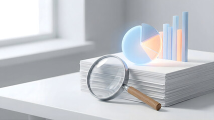 A magnifying glass sits on a stack of documents next to glowing 3D pie and bar charts, representing data analysis, business research, financial statistics, and audit processes.