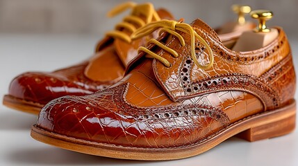 Exquisite tan alligator leather wingtip dress shoes with shoe trees for sale online
