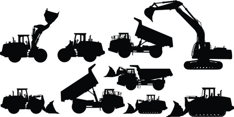 Black construction machinery silhouettes, excavator bulldozer loader dump truck vehicles set, heavy equipment icons, industrial work, isolated white background © MstAfzalun