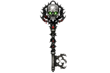 Gothic skeleton key with skull and thorny branches ornamentation isolated on transparent background