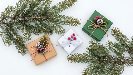 Holiday presents with pine branches