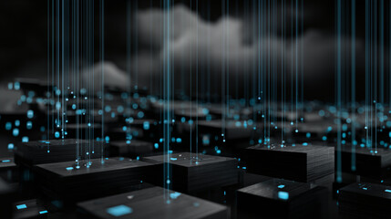 A futuristic IT and technology landscape with digital cubes and data streams in a dark environment viewed from a low angle.