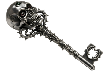 Gothic skeleton key with skull and thorny branches ornamentation isolated on transparent background