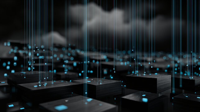 A futuristic IT and technology landscape with digital cubes and data streams in a dark environment viewed from a low angle. - Powered by Adobe