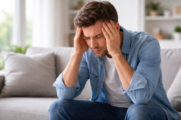 Stressed Man Experiencing Anxiety and Burnout While Sitting at Home