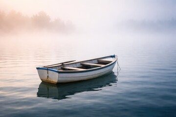 Naklejka premium Lonely Rowboat Floating on Calm Foggy Lake in Morning Light