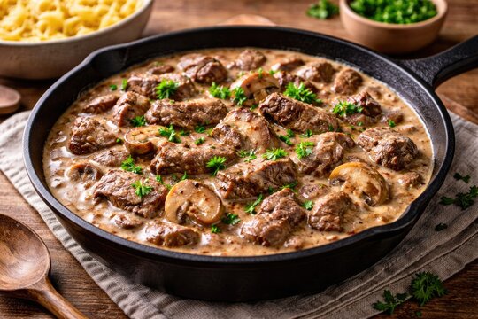 Classic Beef Stroganoff with Mushrooms in Creamy Sauce Served in Skillet