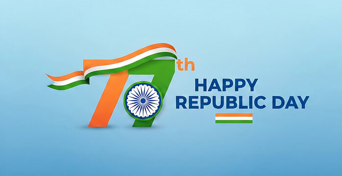 77th year Happy Republic Day greeting with 77th logo and Indian flag ribbon