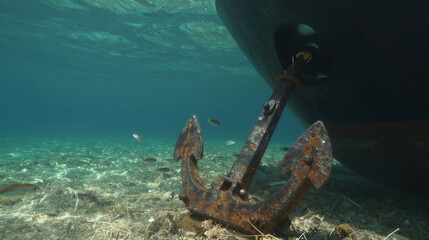 Rusty ship anchor resting on a sandy seabed beneath sunlit emerald-green water, with small fish circling the corroded metal and a dark hull.