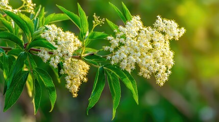 Fresh Elderflower Blossoms on Green Branch in Sunlight Natural Herbal Background