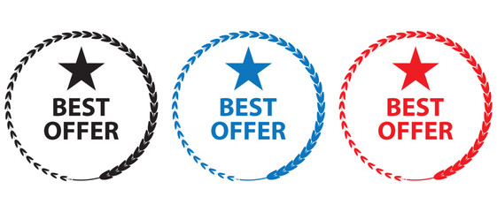Best offer badge icon with wreath laurel. Best offer badge design. Set of badge best offer, best choice, and best price. vector illustration.