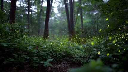 Obraz premium Magical forest at night illuminated by glowing fireflies and bioluminescent insects