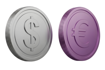 3d render of dollar and euro coins side by side isolated on transparent background