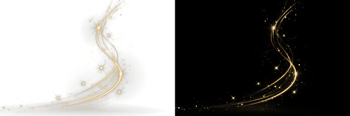  Curve, glowing,neon, beam,  dynamic PNG with spark and golden glow.Shiny swirl PNG on transparent background. Overlay effect with magic flare, light trail, and futuristic wave design. © kulinskaia