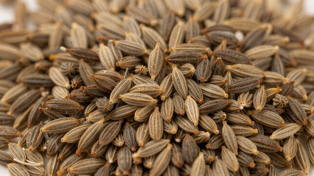 Close-up of ajwain seeds in a textured pile with ridged, gray-brown oblong pods