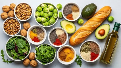Assorted healthy foods display