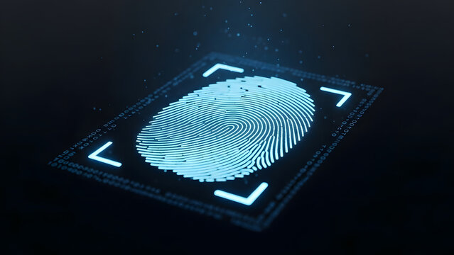 High-tech biometric fingerprint scanner authentication system glowing blue and securing digital access on a circuit board