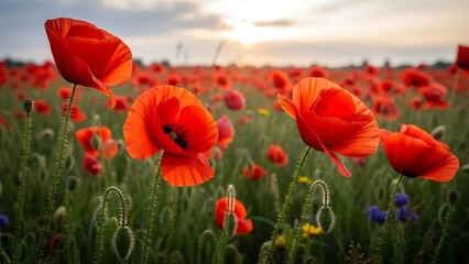 Obraz premium Vibrant red poppies in green field.
