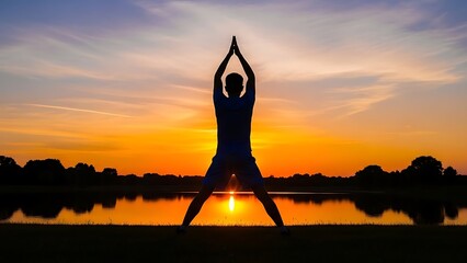Silhouette practicing yoga at sunset