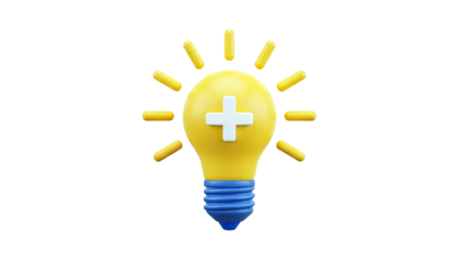 3D Lightbulb with Plus Sign and Rays, symbolizing a positive idea