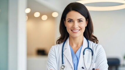 Portrait of a confident female doctor in a lab coat, smiling at the camera with a stethoscope around her neck