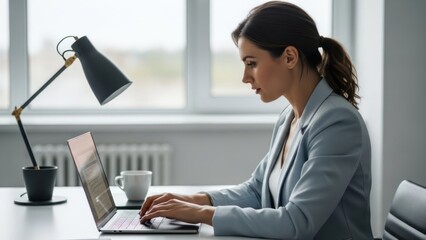 Young professional woman focused and typing on her laptop in a modern office environment with natural light