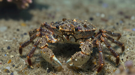 Macro portrait of a decorator crab camouflaged with sponge and seaweed on a sandy reef floor
