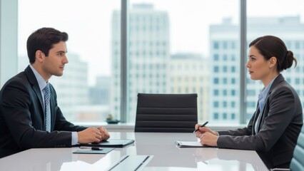 Two well-dressed business professionals engage in a focused discussion at a modern office conference table, illustrating corporate communication and collaborative problem-solving