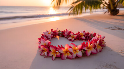 Frangipani lei forming heart shape on tropical beach