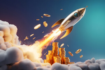 Obraz premium Golden rocket launching from coin stacks for business growth