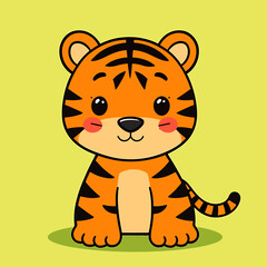 Obraz premium A cartoon tiger sitting on a green patch against a yellow background viewed from the front