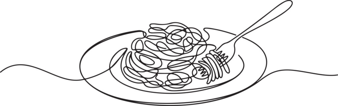 Continuous one line drawing of Pasta and spaghetti. Single line drawing illustration of Noodle on plate with fork, one line Art icon drawing vector