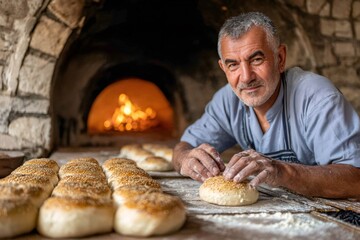 Baker preparing artisan bread near wood fired oven