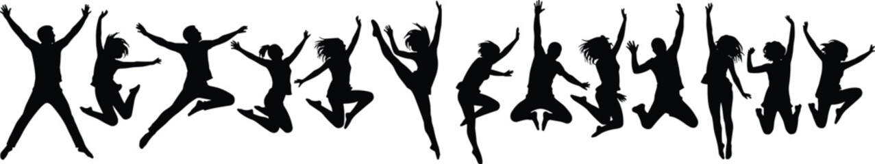 Jumping people silhouettes celebrating freedom, energetic group expressing joy happiness, active youth lifestyle, dance movement, black isolated illustration collection