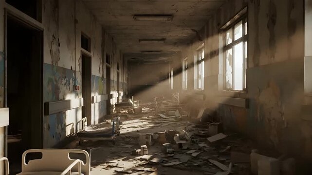 Abandoned hospital corridor with damaged beds and debris, viewed from a dimly lit perspective with sunlight streaming through windows