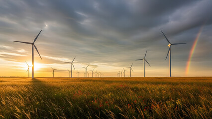 Wind turbines in vast field during sunset with rainbow and dramatic cloudy sky