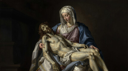 Pieta in Mourning Light: Mary Cradling the Dead Christ in a Dark, Rocky Setting