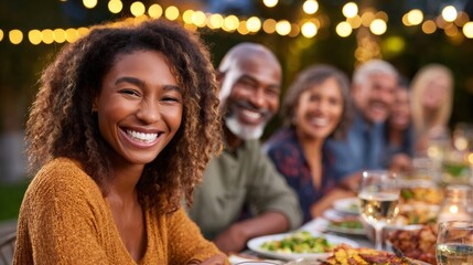 Multi generational diverse family enjoying dinner party outdoors at evening