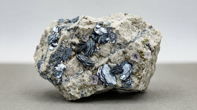 A collectible geological specimen of flaky aggregate of molybdenite in granite with lead grey color and metallic luster
