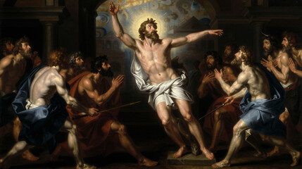 Obraz premium Stoning of Saint Stephen in a high-contrast Baroque chiaroscuro scene with heavenly light.