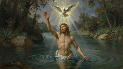The Baptism of Jesus in the Jordan River: radiant dove and divine light descending over a lush riverside scene