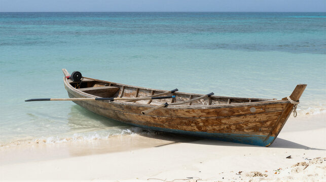 Weathered wooden rowboat beached on white sand with turquoise water under a bright summer sun