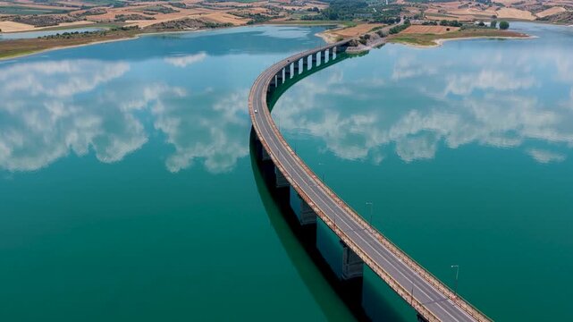 Aerial view of Lake Polyfytos in Greece with a curved bridge,