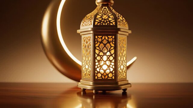 Golden lantern with crescent moon shape behind it