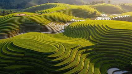 Lush green terraced rice paddies bathed in the golden light of dawn, showcasing the beauty of agricultural landscapes and rural life